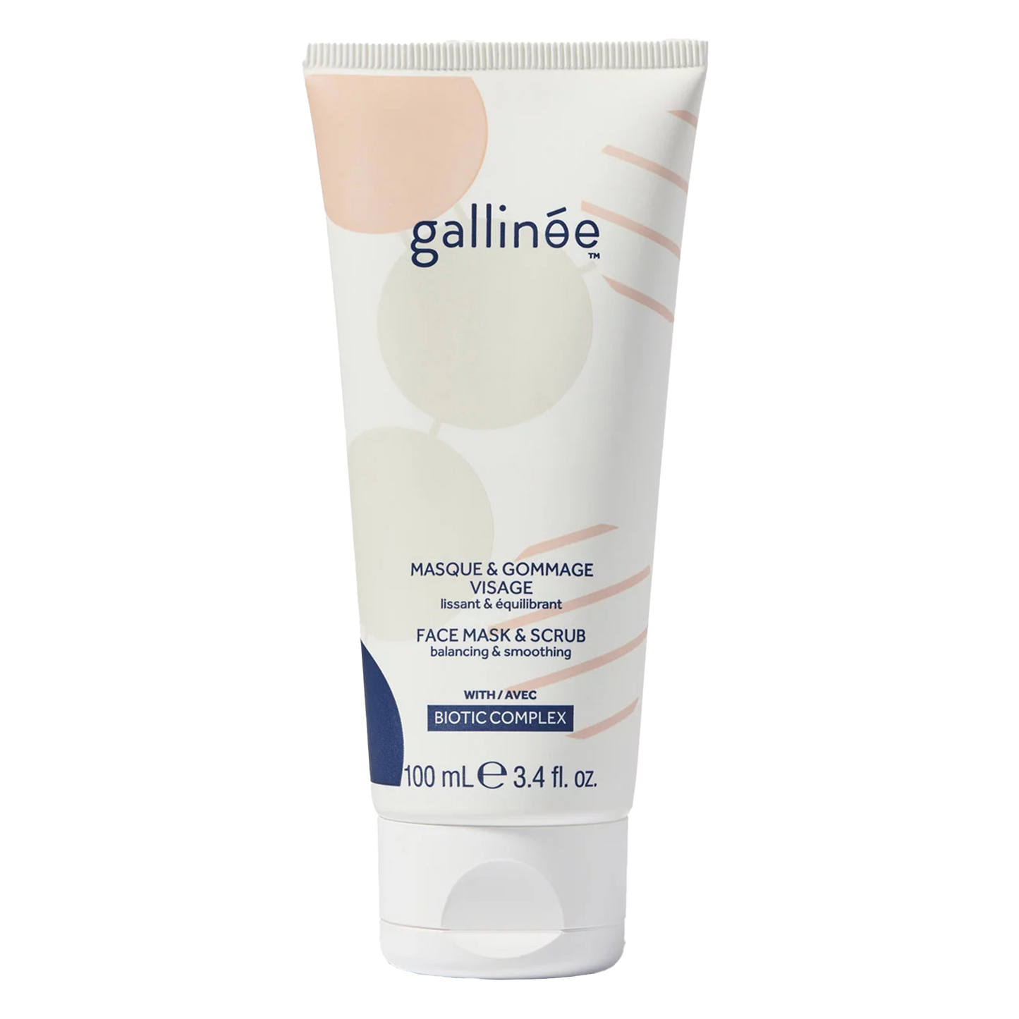 Gallinee Prebiotic Face Mask-Scrub: 5 minutes to brightness!  A gentle scrub-in-mask that leaves your skin purified and refined, and pores looking smaller.  White clay, prebiotics and lactic acid help support the skin microbiome.