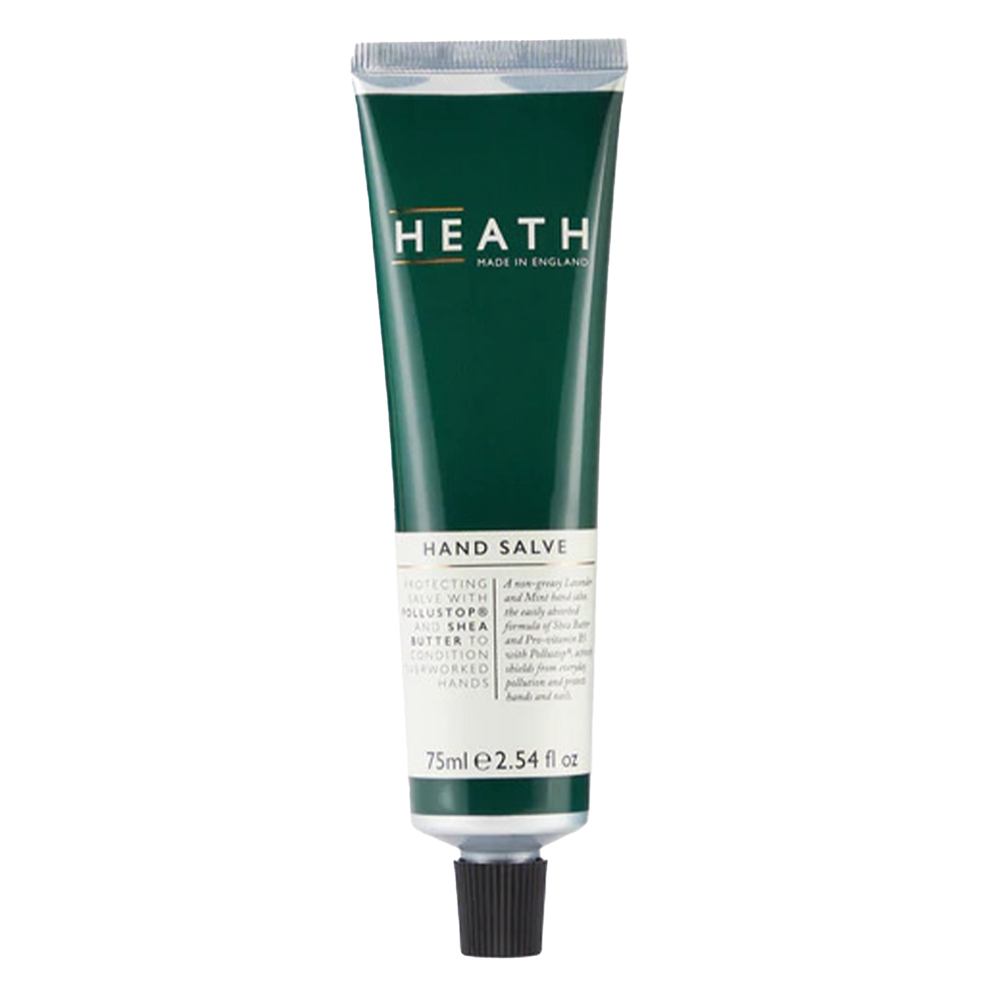 Heath Hand Salve in Carton: Hardworking, non-greasy salve with anti-pollution benefits to moisturise and protect dry, overworked hands. Shea Butter and Pro-Vitamin B5 soften and moisturise whilst Allantoin soothes and protects. Powered with Pollustop®, an invisible skin matrix to protect hands from the ageing effects of pollution. Refreshing Mint and Lavender fragrance.