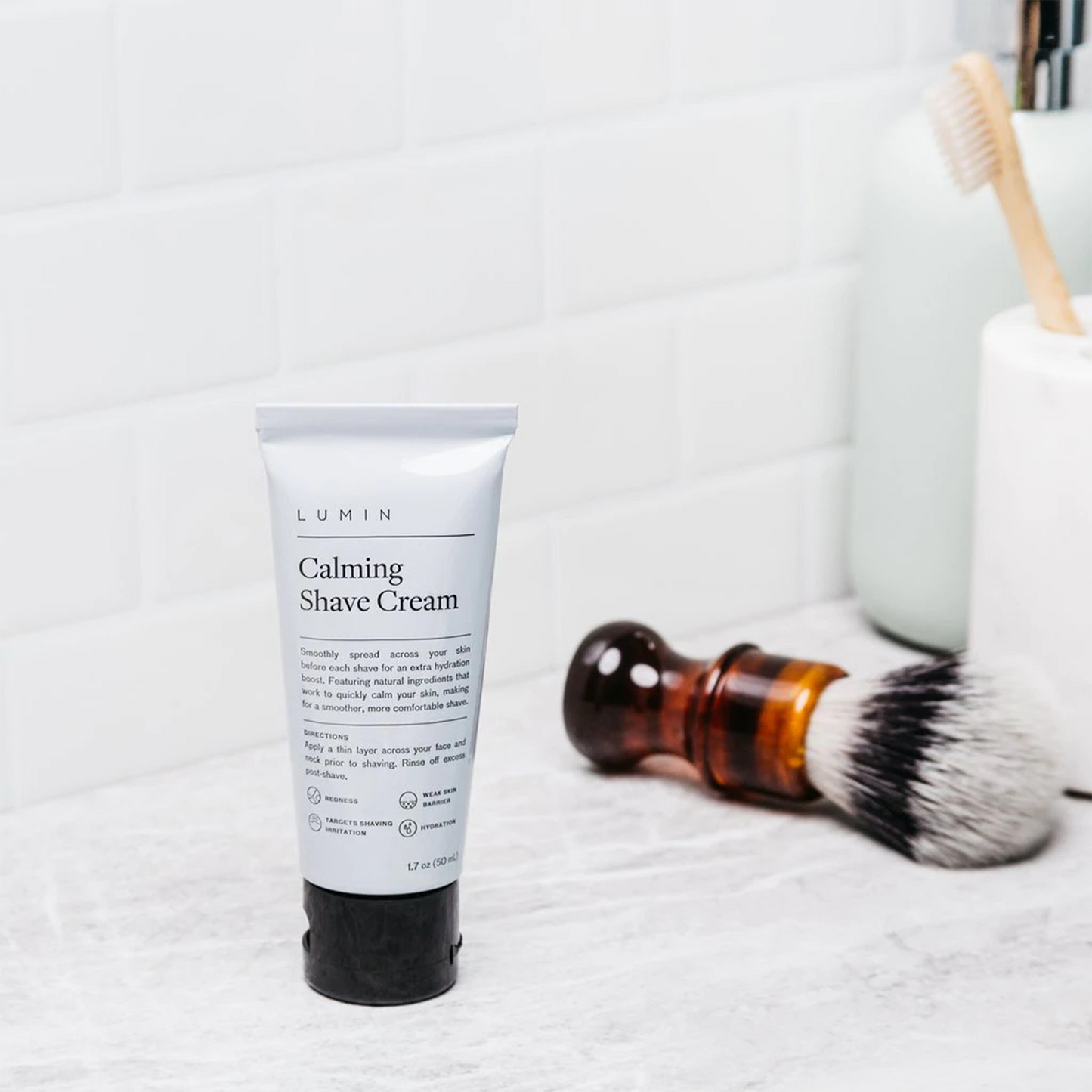 Lumin Calming Shave Cream: Reduce skin inflammation before the shaving starts. This soothing cream is a new essential addition to clean shaving without nicks, tugs, or ingrown hairs. Our easy-to-spread formula is enriched with ingredients to improve razor-glide and soothe skin irritation.