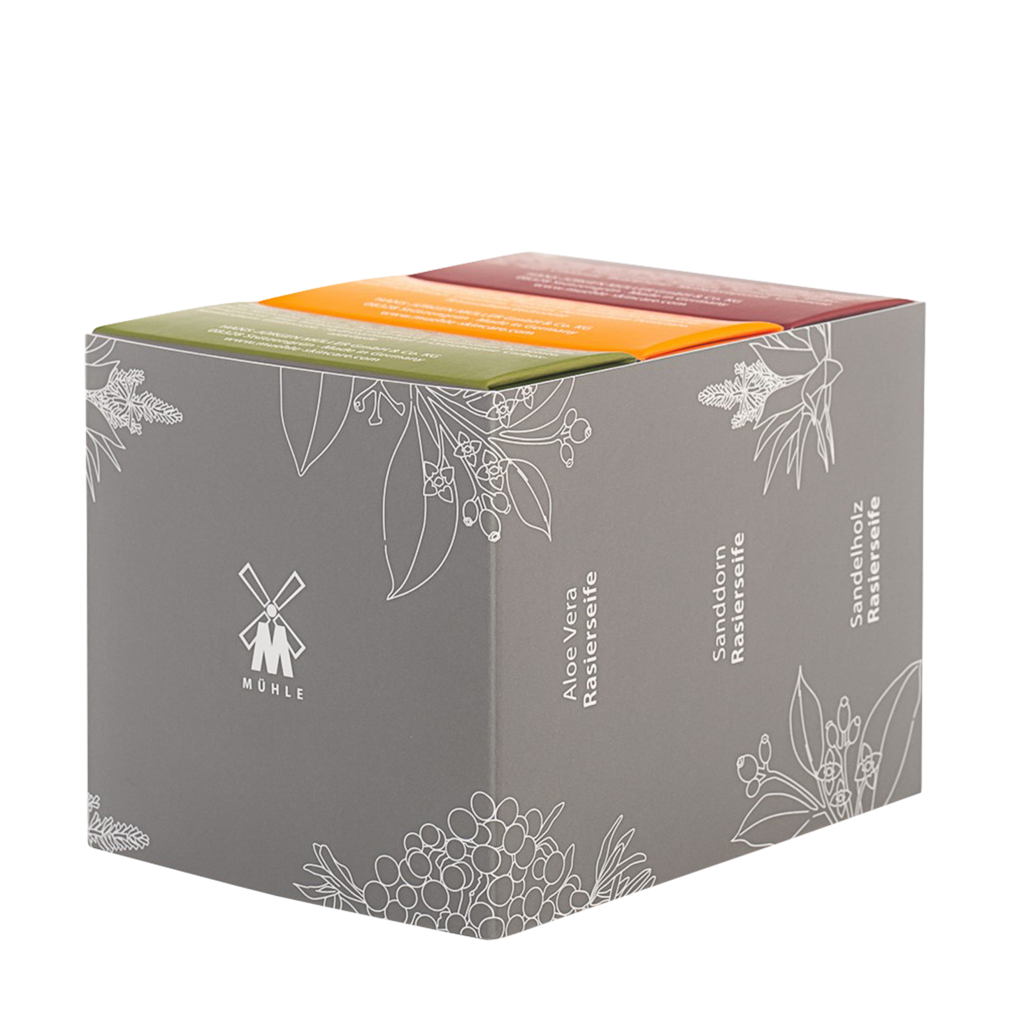 MUHLE Aloe Vera, Sea Buckthorn & Sandalwood Shaving Soap Trio: Aloe Vera, gentle and caring. Sea Buckthorn, fruity and fresh. Sandalwood, warm and sensual.