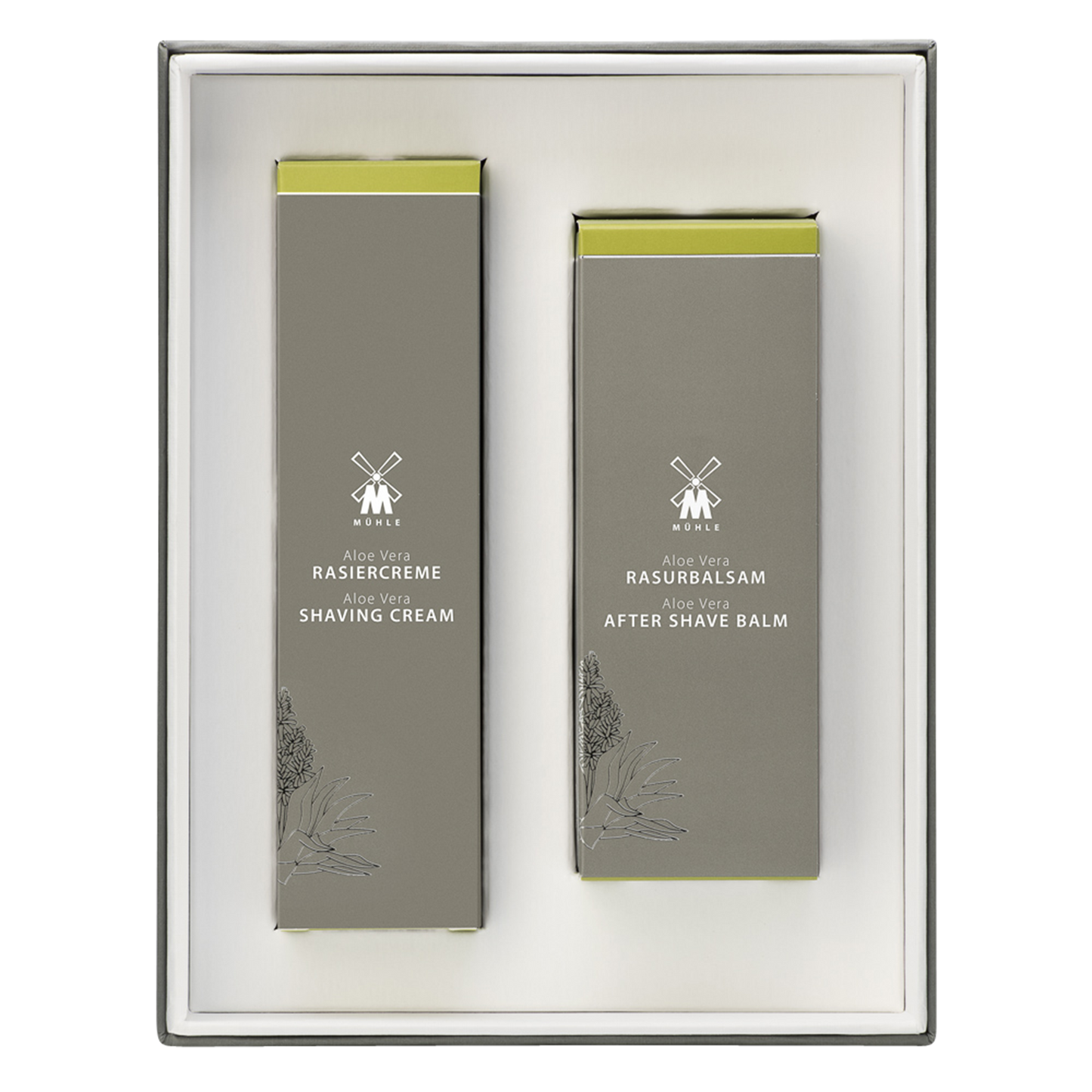 MUHLE Aloe Vera Shaving Cream & Aftershave Balm Set: Especially suitable for sensitive skin.  Fragranced using leaves of the Aloe Vera plant, this skin care set gently soothes and refreshes the skin.  Soft and caring, this fragrance contains fine notes oakmoss and mint.