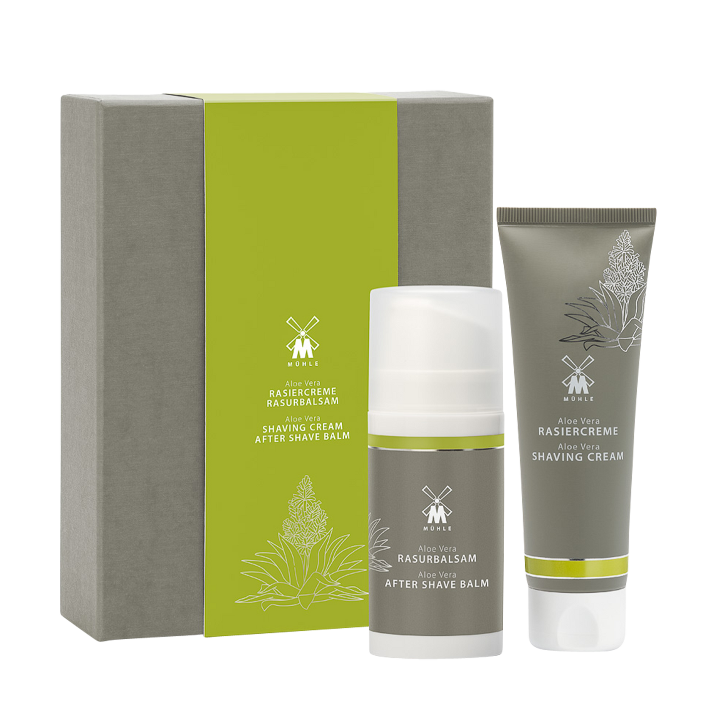 MUHLE Aloe Vera Shaving Cream & Aftershave Balm Set: Especially suitable for sensitive skin.  Fragranced using leaves of the Aloe Vera plant, this skin care set gently soothes and refreshes the skin.  Soft and caring, this fragrance contains fine notes oakmoss and mint.