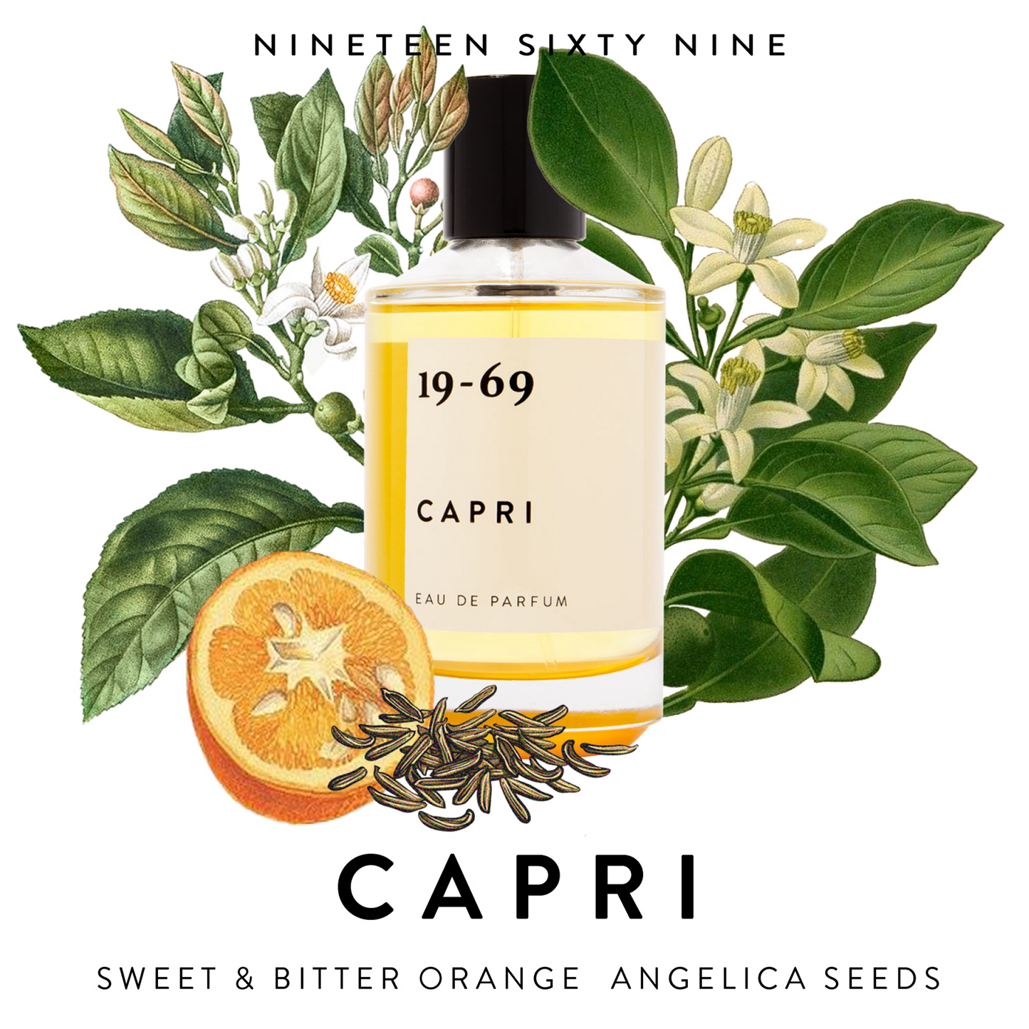 19-69 Capri Perfume: Capri is inspired by the settings of Villa Malaparte and the iconic film Le Mépris (1963) that was filmed on the Isle of Capri.  The composition is edgy, fresh, light yet comforting. Fragrance notes include Sweet and Bitter Orange, Ylang Ylang Extra Oil and White Musk. All 19-69 perfumes are suitable for any gender.