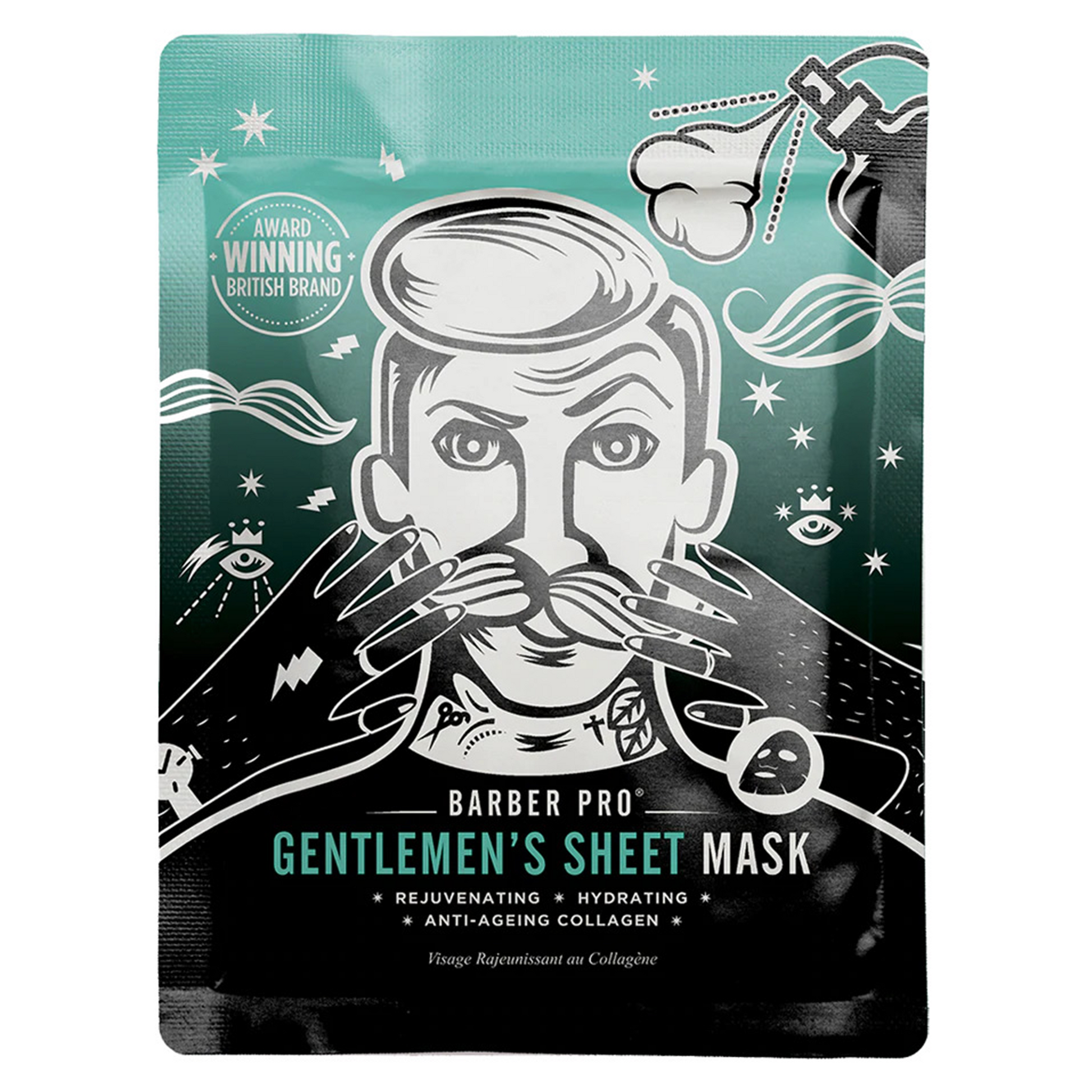 Barber Pro Gentlemen's Sheet Mask: The BARBER PRO Gentlemen’s Sheet Mask will rejuvenate and hydrate your skin in just 15 minutes, leaving your face feeling soft and supple with a youthful glow.  The BARBER PRO Gentlemen’s Sheet Mask will restore your skin, encouraging cell regrowth and stimulating the natural renewal process. This will reduce the appearance of ageing and enhance your complexion through improving skin clarity, tone and elasticity, ensuring your face feels firm and smooth.