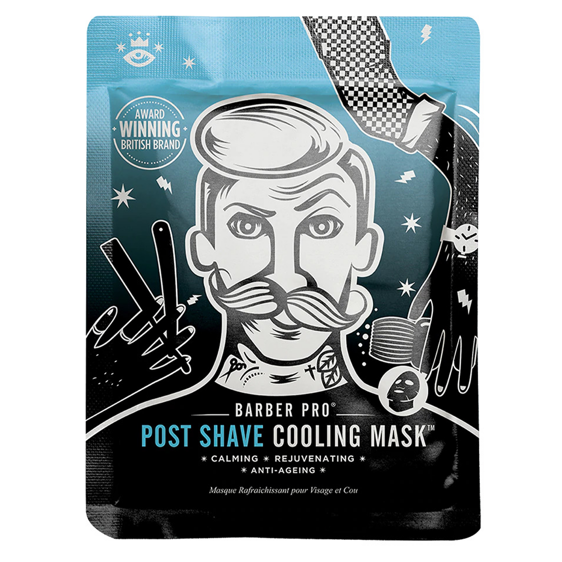 Barber Pro Post Shave Cooling Mask: The BARBER PRO Post Shave Cooling Mask with Anti-Ageing Collagen calms and soothes your shaven skin while nourishing the area, leaving you looking fresh faced!  The BARBER PRO Post Shave Cooling Mask reduces the irritation and redness caused by your razor! The serum will cool the skin, as well as hydrating and nourishing the area, leaving your skin feeling refreshed and smooth.
