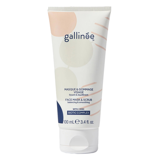 Gallinee Prebiotic Face Mask-Scrub: 5 minutes to brightness!  A gentle scrub-in-mask that leaves your skin purified and refined, and pores looking smaller.  White clay, prebiotics and lactic acid help support the skin microbiome.