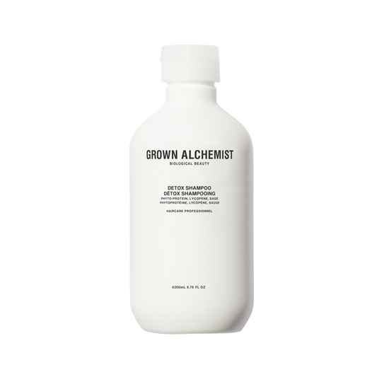 Grown Alchemist Detox -  Shampoo 0.1: A targeted formulation that cleanses and detoxifies the hair and scalp of free radicals metabolized by the body as a result of factors like diet, and environmental factors like heavy metals found in air pollution and UVB/UVA rays from the sun. Perfect for daily use, it provides manageability and strength without stripping the hair or scalp, leaving it clean, shiny and detoxed.