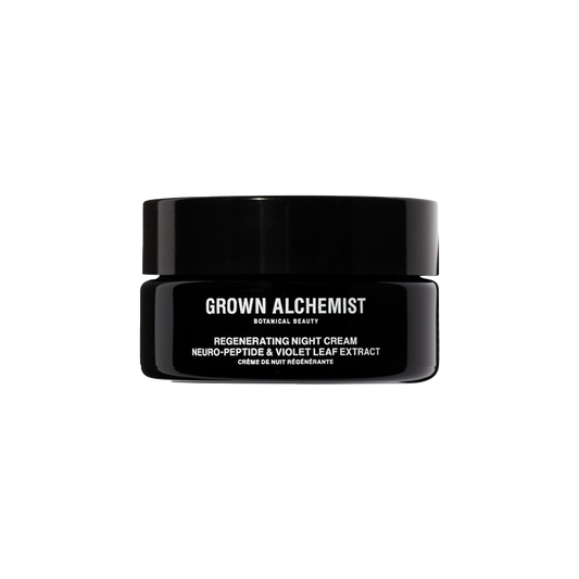Grown Alchemist Regenerating Night Cream: A rich advanced facial cream formulated with a potent synergistic blend of Peptides, Antioxidants, Vitamins, Hyaluronic Acid, Essential Omega Fatty Acids that restore skin elasticity, noticeably reducing the appearance of fine lines and wrinkles, softening and smoothing the skin while boosting hydration, transforming skin texture to appear more youthful looking.