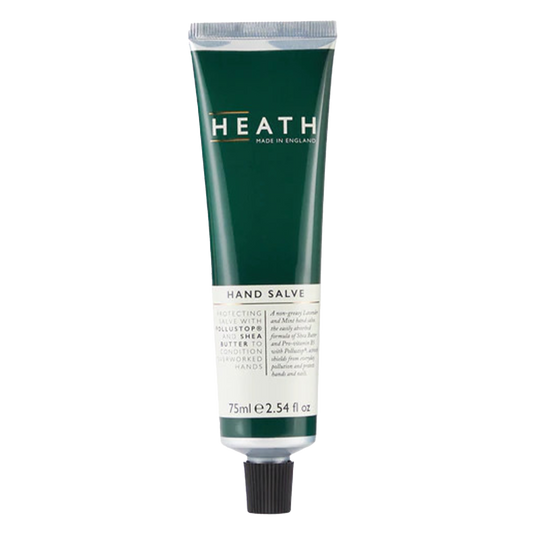 Heath Hand Salve in Carton: Hardworking, non-greasy salve with anti-pollution benefits to moisturise and protect dry, overworked hands.  Shea Butter and Pro-Vitamin B5 soften and moisturise whilst Allantoin soothes and protects. Powered with Pollustop®, an invisible skin matrix to protect hands from the ageing effects of pollution.  Refreshing Mint and Lavender fragrance.
