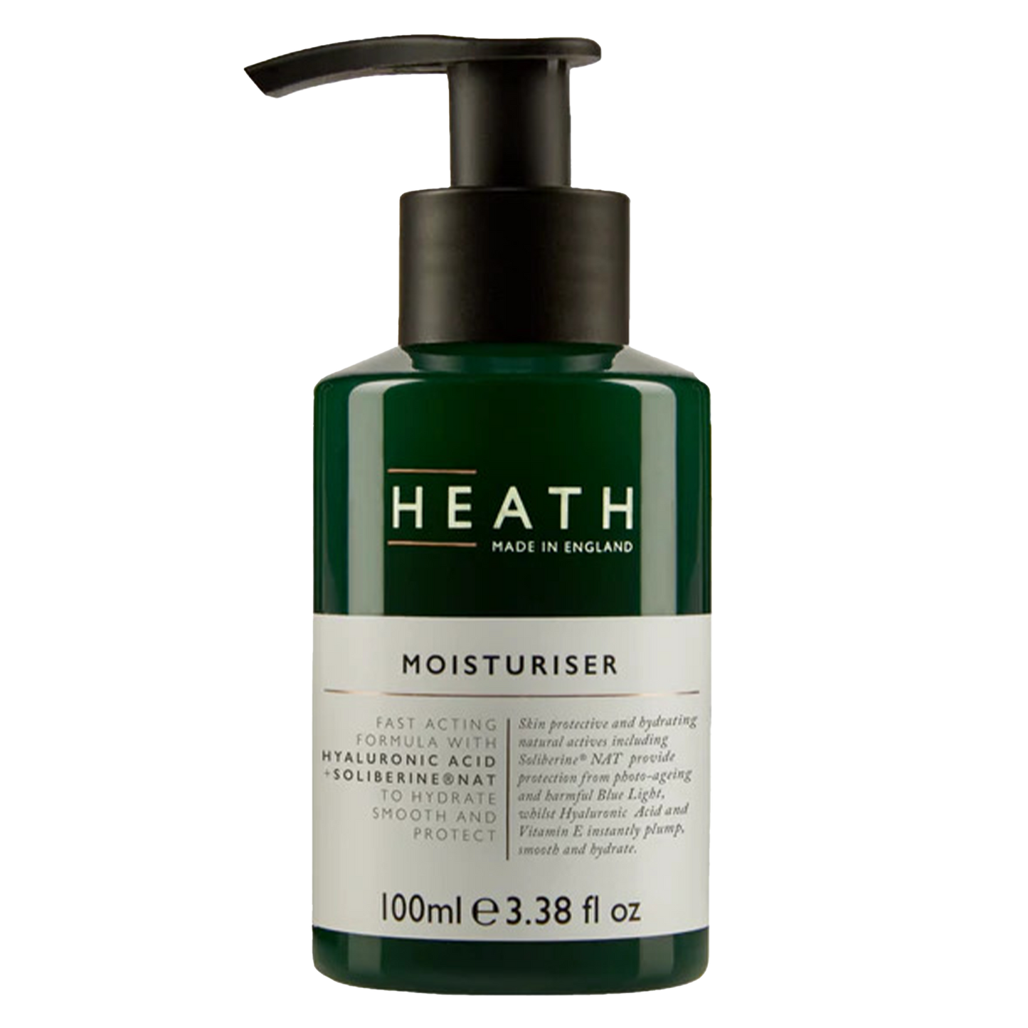 Heath Moisturizer: Fast acting moisturizer with Hyaluronic Acid and Soliberine® NAT to smooth, hydrate and protect.  Powered with new generation active Soliberine® NAT to provide protection from ageing Blue Light, whilst Hyaluronic Acid and Vitamin E instantly plump, smooth and hydrate.