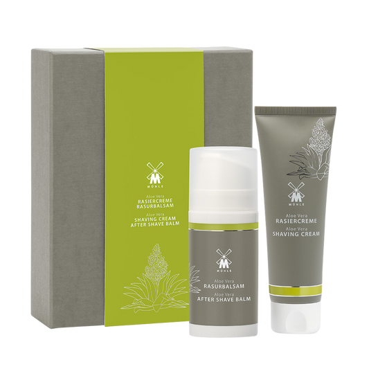 MUHLE Aloe Vera Shaving Cream & Aftershave Balm Set: Especially suitable for sensitive skin.  Fragranced using leaves of the Aloe Vera plant, this skin care set gently soothes and refreshes the skin.  Soft and caring, this fragrance contains fine notes oakmoss and mint.