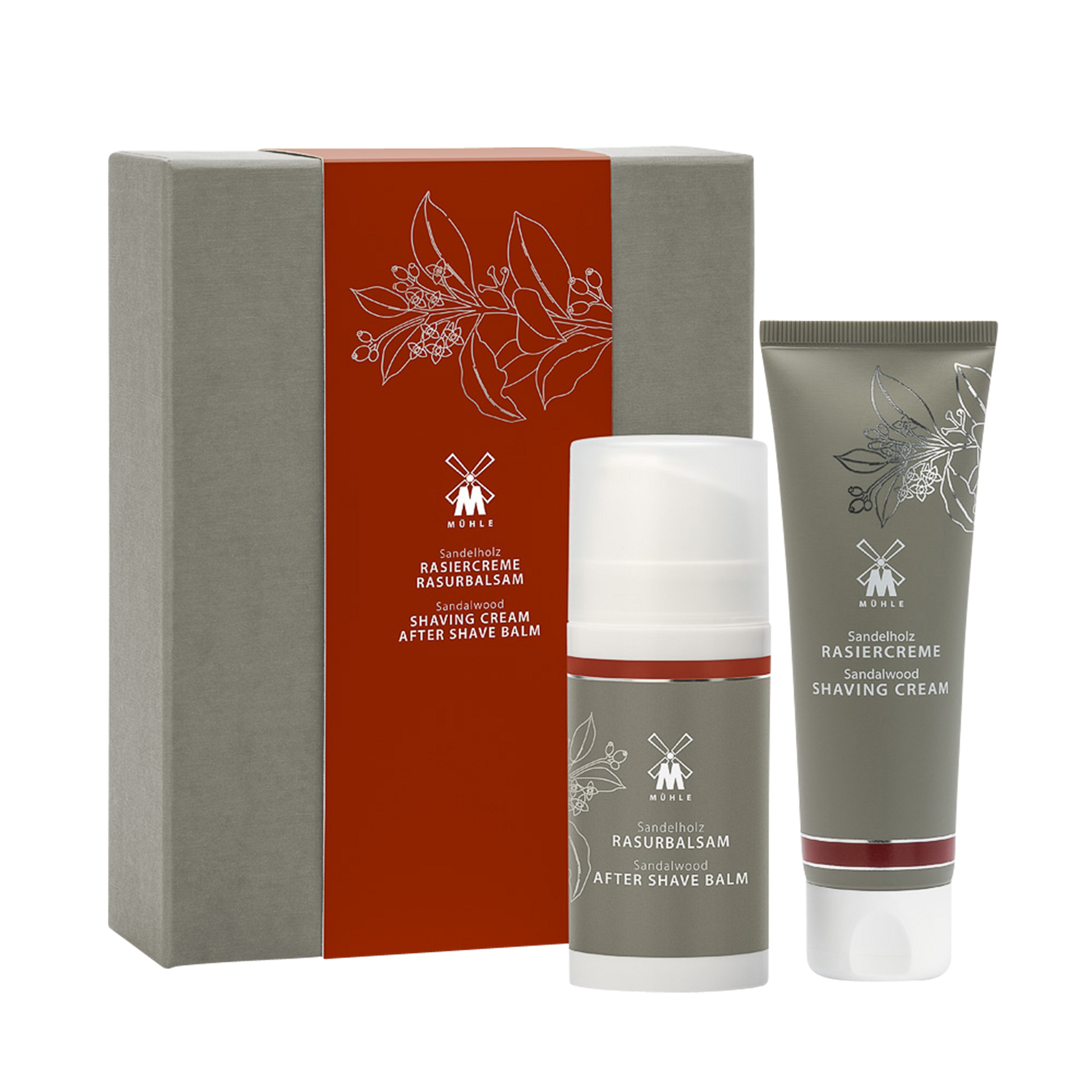 MUHLE Sandalwood Shaving Cream & Aftershave Balm Set: Suitable for normal to dry skin. Fragranced from essences of the Sandalwood Tree and refined through a multi-stage distillation process, this skin care set relieves irritation and dryness. Classy and distinctive, this fragrance contains fine notes of coriander, star anise and deep balsamic wood.