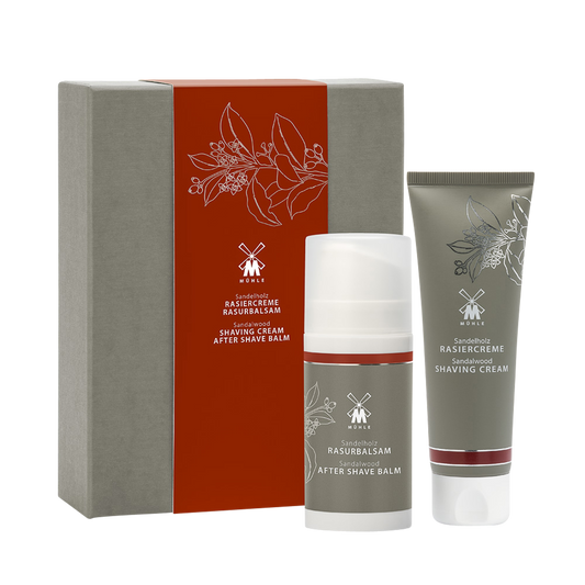MUHLE Sandalwood Shaving Cream & Aftershave Balm Set: Suitable for normal to dry skin. Fragranced from essences of the Sandalwood Tree and refined through a multi-stage distillation process, this skin care set relieves irritation and dryness. Classy and distinctive, this fragrance contains fine notes of coriander, star anise and deep balsamic wood.