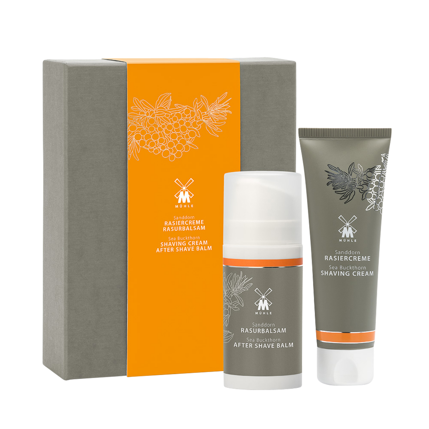 MUHLE Sea Buckthorn Shaving Cream & Aftershave Set: Suitable for all skin types. Gently calming and revitalizing, this skin care set's scent is obtained from plants in various coastal areas. Sea buckthorn is rich in palmitic acid, supporting the natural regeneration of your skin's cell structure. Citrus and fresh, this fragrance contains fine notes of lime and orange.