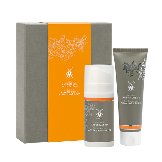 MUHLE Sea Buckthorn Shaving Cream & Aftershave Set: Suitable for all skin types. Gently calming and revitalizing, this skin care set's scent is obtained from plants in various coastal areas. Sea buckthorn is rich in palmitic acid, supporting the natural regeneration of your skin's cell structure. Citrus and fresh, this fragrance contains fine notes of lime and orange.