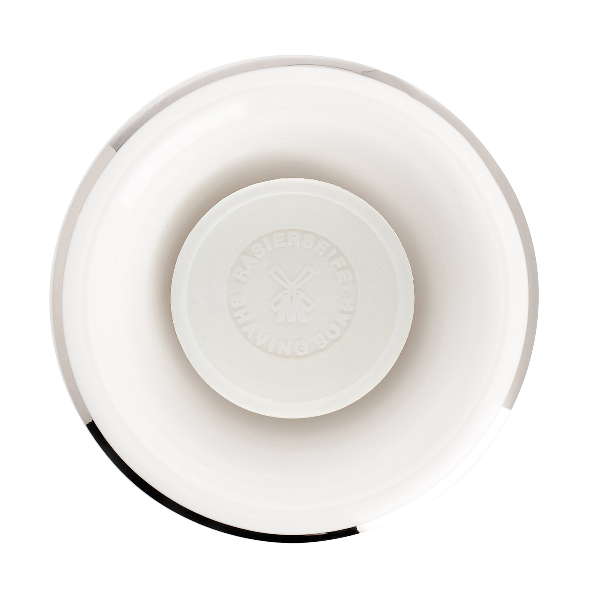 MUHLE White Porcelain Platinum Rim Shaving Dish: White porcelain finish shaving bowl featuring platinum rim.