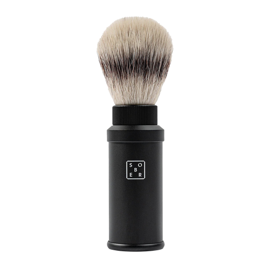 Sober Shaving Brush: Ready for a great shaving experience anytime, even when travelling? The sober shaving brush made of light and stable aluminum and soft bristles that are superior in use is the perfect tool to achieve a foaming effect on the shaving cream and to raise the whiskers so that the blade can glide evenly over the skin. The 3-part aluminum shaving brush consists of an aluminum casing with a matt black coating, in which the brush can be completely submerged after use if required.