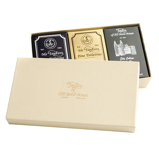 Taylor of Old Bond Street Mixed Bath Soap Gift Box: 3 x 200g Bath Soaps presented in a luxurious gift box (Sandalwood, Eton College Collection and Mr Taylor).
