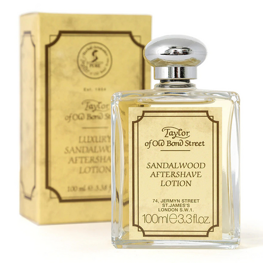 Taylor of Old Bond Street Sandalwood Aftershave Lotion: A classic and masculine fragranced splash-on aftershave lotion. Based on a formula which has been passed down from generation to generation in the Taylor Tradition.  Fragrances Notes • TOP: Fougere, Geranium, Lavender, Rosemary, Liquid Amber • HEART: Carnation, Fern, Orange blossom • BASE: Patchouli, Sandalwood, Vetivert, powdery Musk, Rock Rose